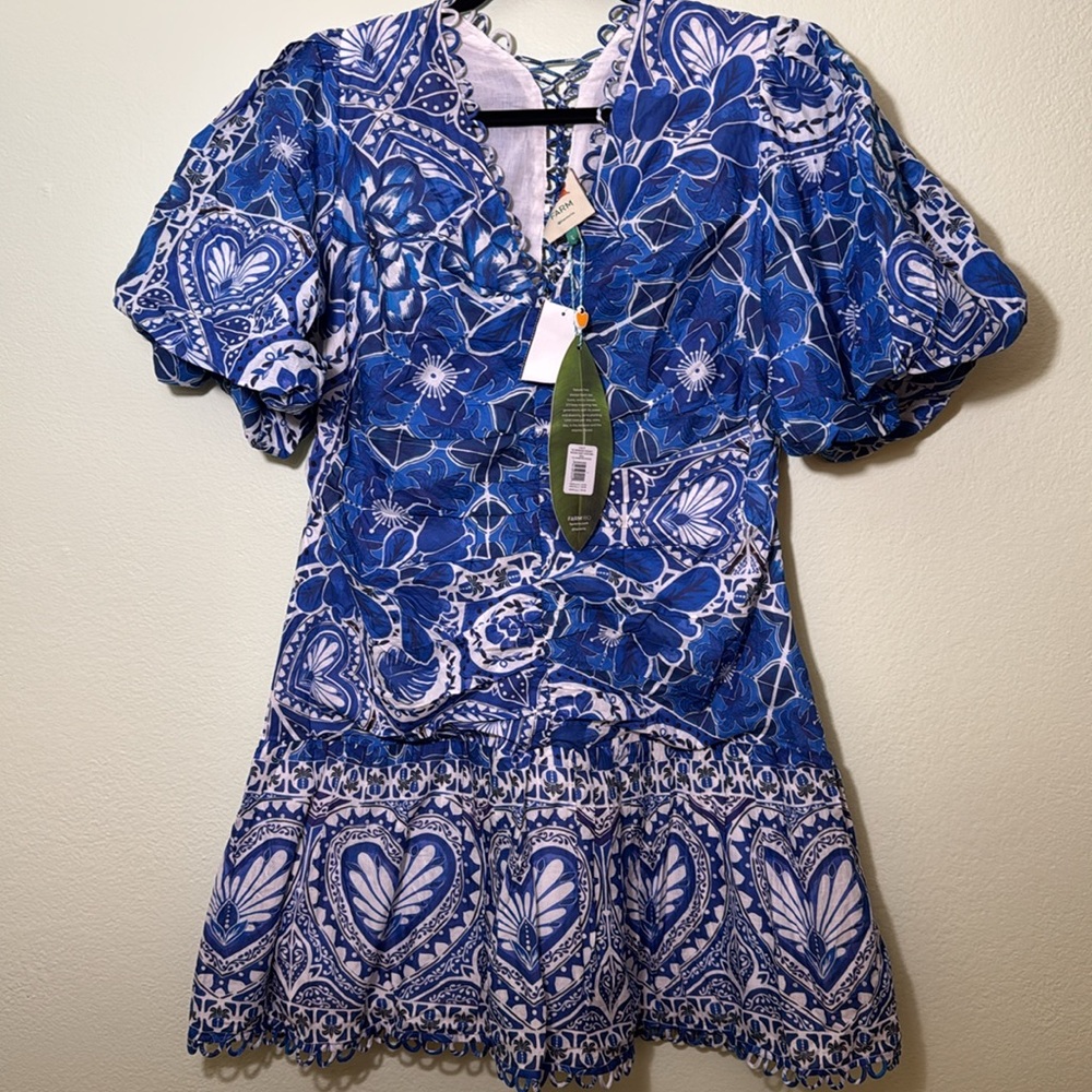 Farm Rio L Blue Tile Dream Short Sleeve Mini Dress - Picture 5 of 12